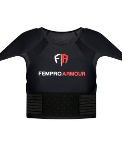 Front view of a black Fempro Armour protective sports vest with shoulder padding and adjustable straps