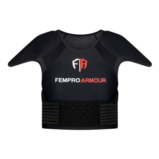 Front view of a black Fempro Armour protective sports vest with shoulder padding and adjustable straps