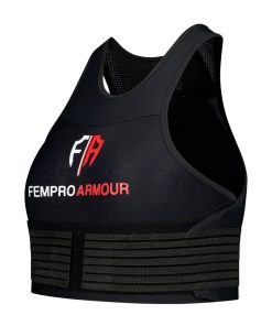 Side view of a black Fempro Armour protective sports vest with adjustable straps