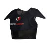 Side view of a black Fempro Armour protective sports vest with shoulder padding and adjustable straps