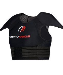 Side view of a black Fempro Armour protective sports vest with shoulder padding and adjustable straps
