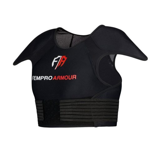 Side view of a black Fempro Armour protective sports vest with shoulder padding and adjustable straps